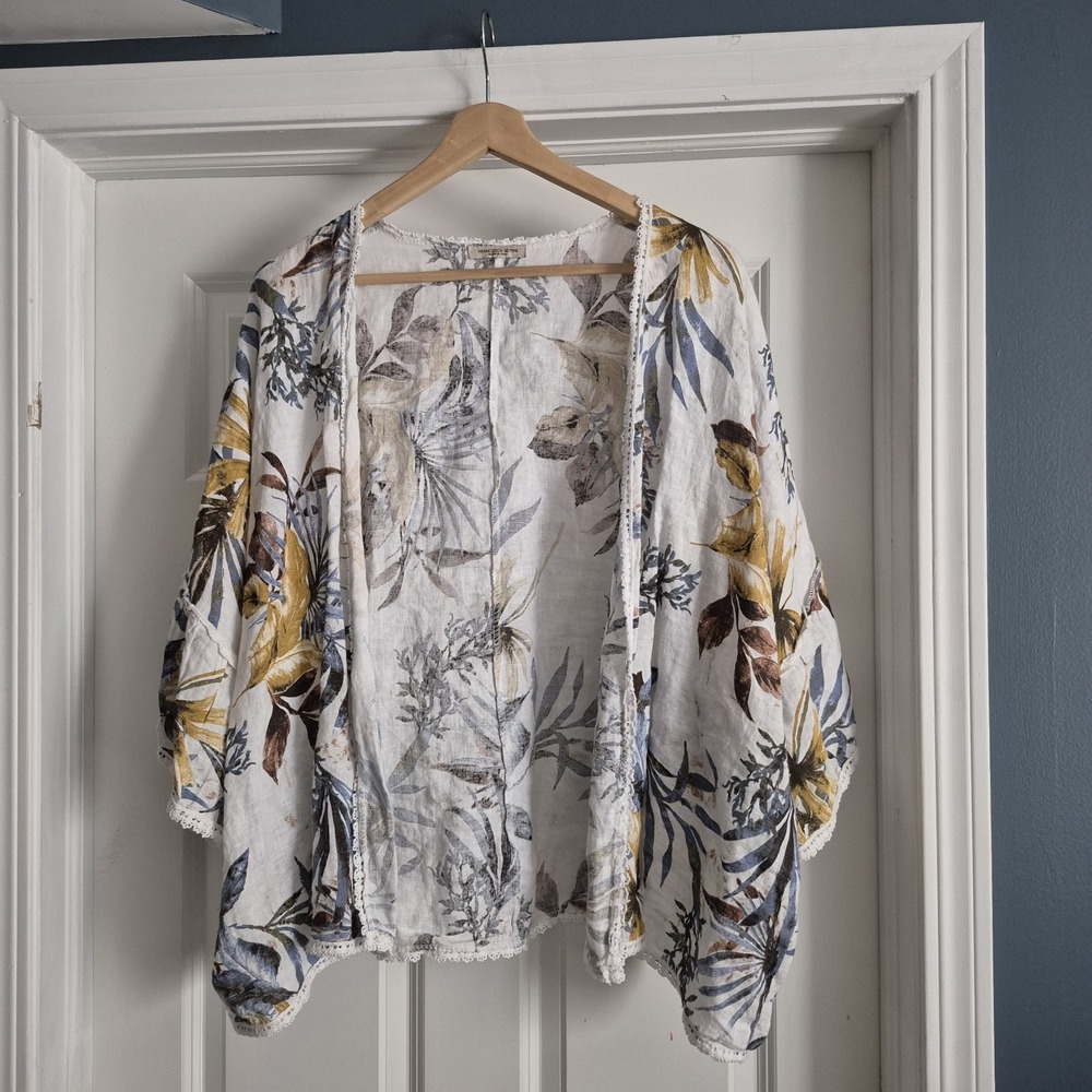 Francesca Bettini Top Womens One Size Linen Kimono Topper Open Lagenlook Beach